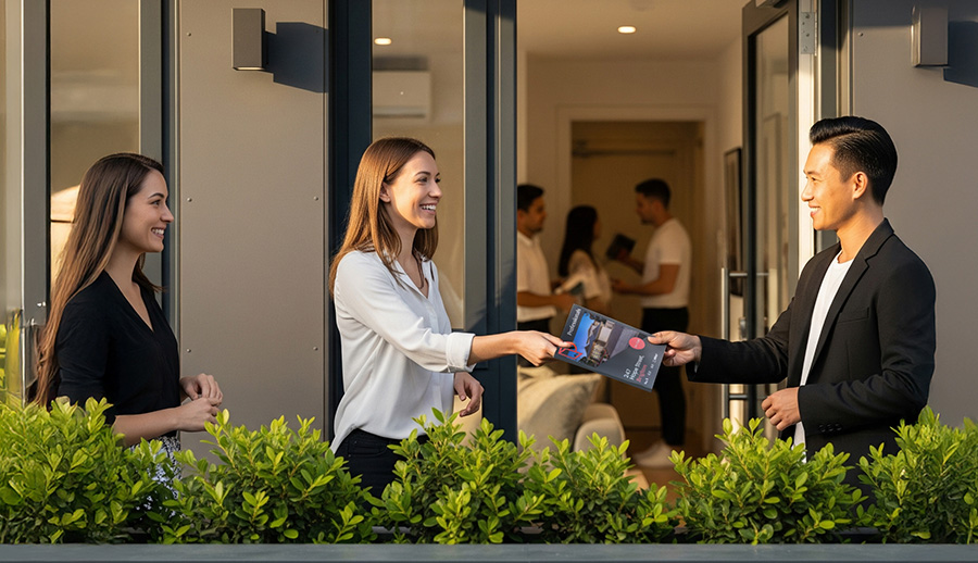 Sales agent handing property brochure to potential buyer
